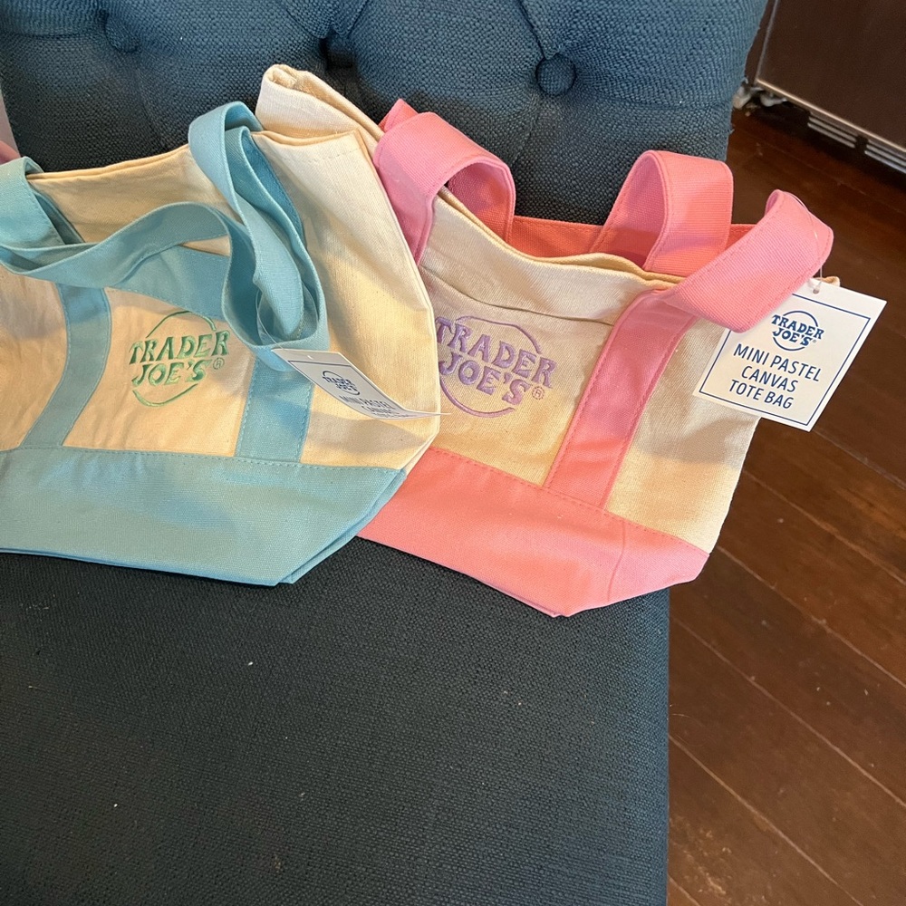 Trader Joe's Mini Pastel Canvas Tote Bag - Pink and Blue Fast Shipping